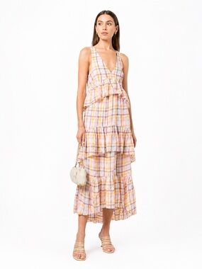 Cinq A Sept Astor Tiered Ruffle Maxi Dress Plaid V Neck Size 6 NWOT